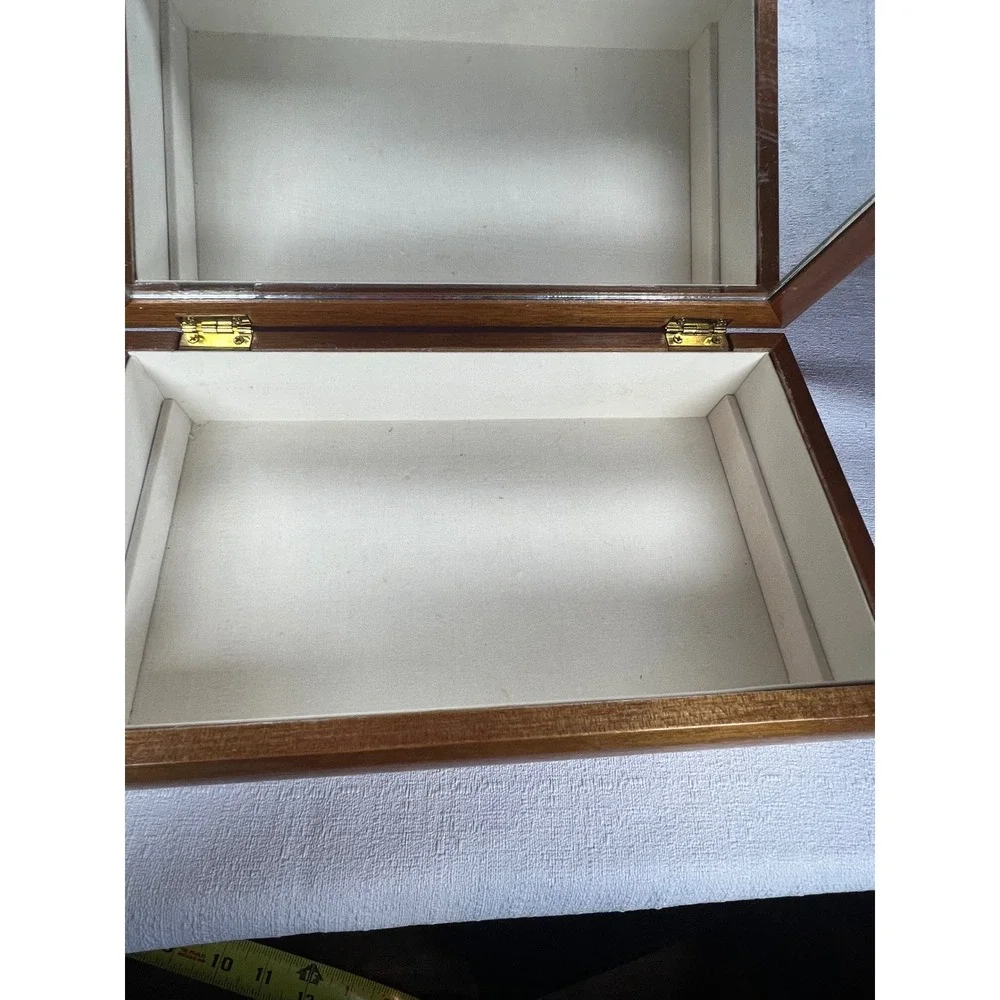 Vintage 1970s Floral Tapestry Jewelry Box Wood Mirrored Vanity Keepsake Box